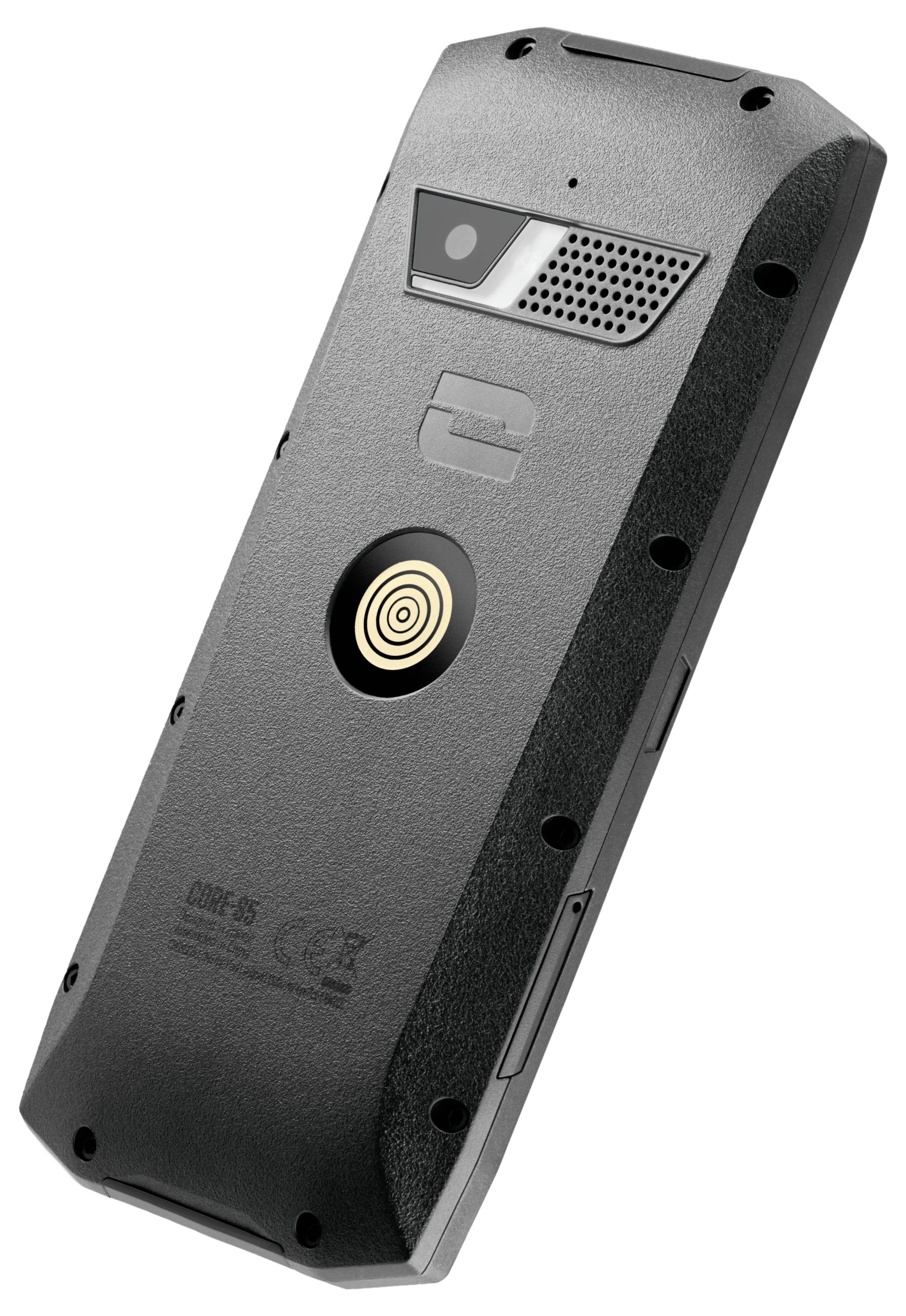 Rear view of a robust mobile phone with camera, microphone, and gold-coloured charging interface in the centre. Rectangular, sturdy design.