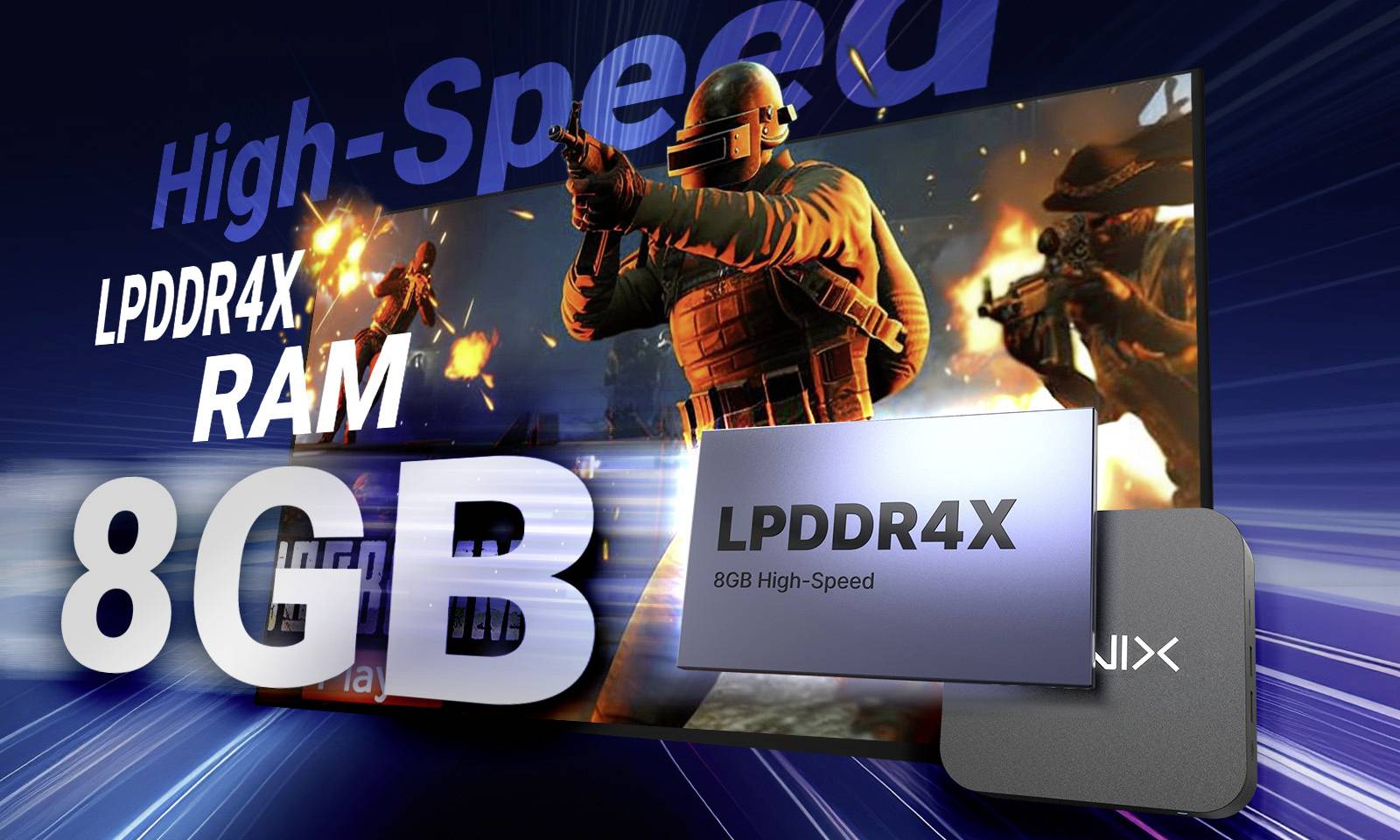 '8 GB LPDDR4X RAM' depicted with a dynamic background and soldiers in action, symbolising high speed and performance.