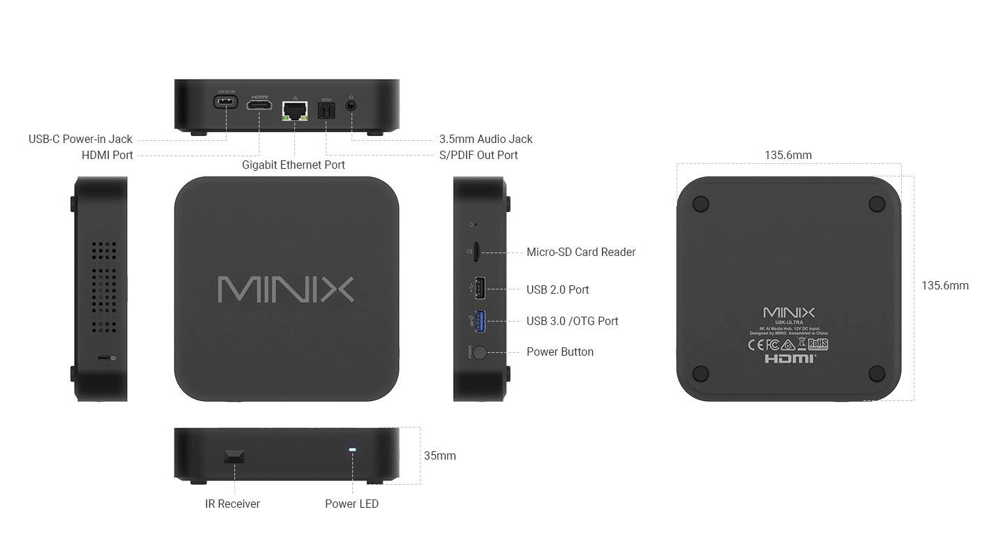 A square, black Mini PC case by MINIX with ports for USB, HDMI, Ethernet, audio, Micro-SD and power button.