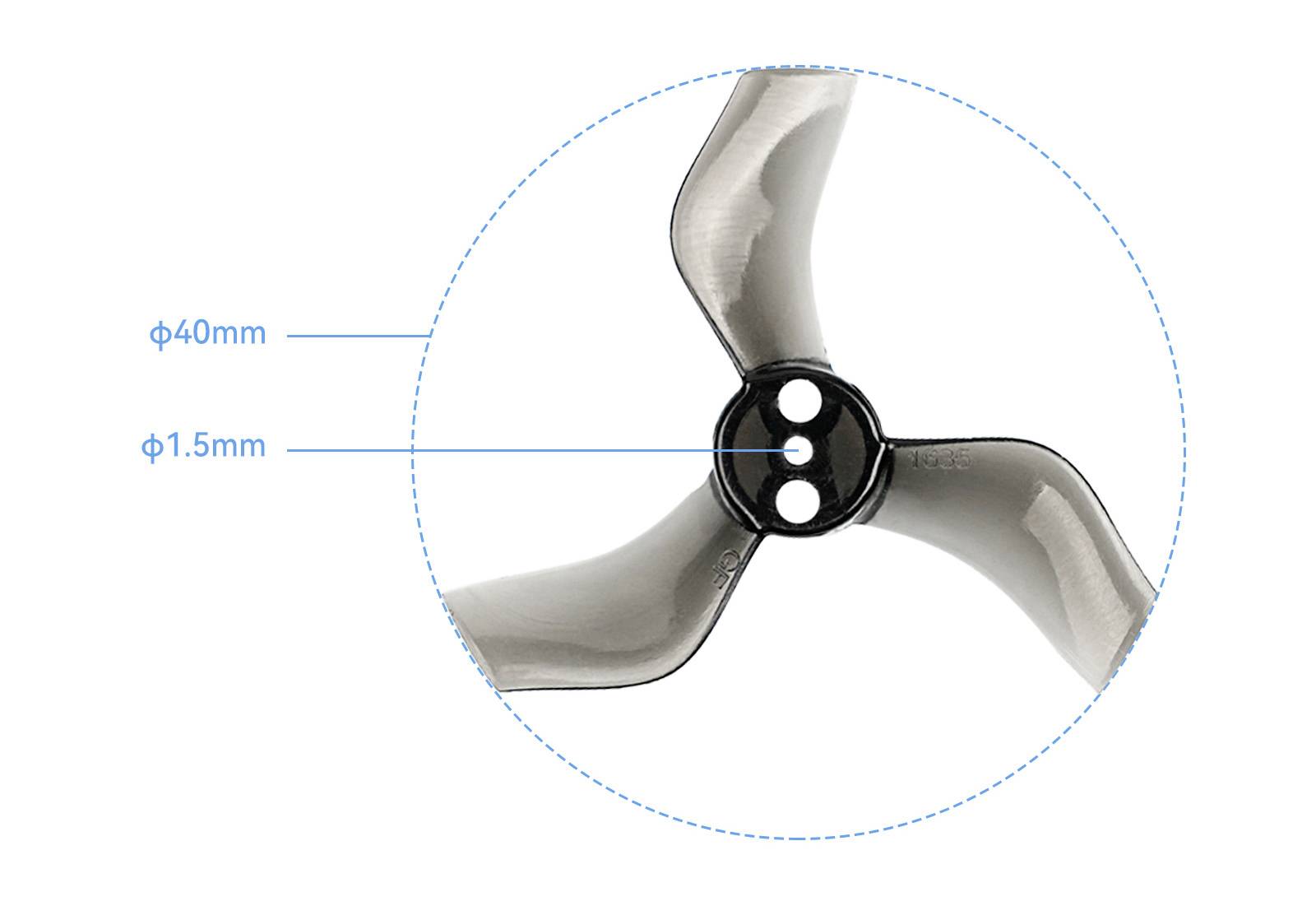 Three-blade propeller with a diameter of 40 mm and a blade thickness of 1.5 mm, close-up view reveals structural details.