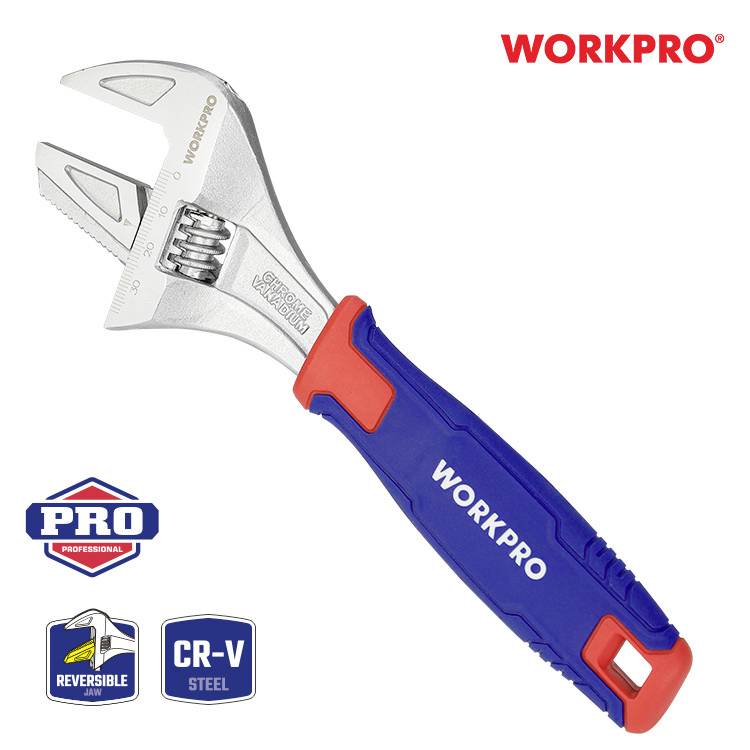 Adjustable Spanner by Workpro with Ergonomic Handle. Marked with 'PRO' and 'CR-V Steel' Logos in Bottom Left Corner.