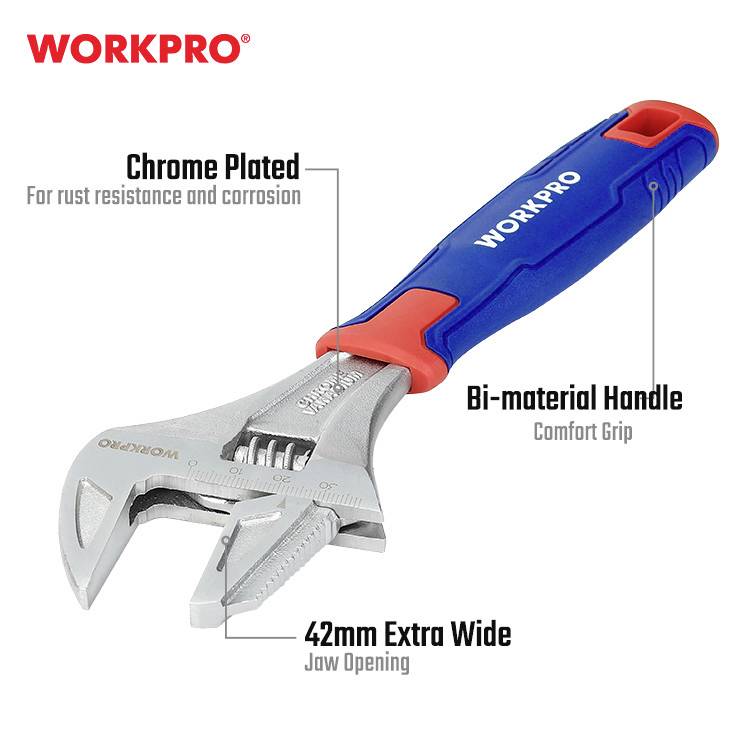 Adjustable Spanner with Chrome Plating for Corrosion Resistance, Bi-material Comfort Grip and 42mm Extra Wide Jaw Opening.