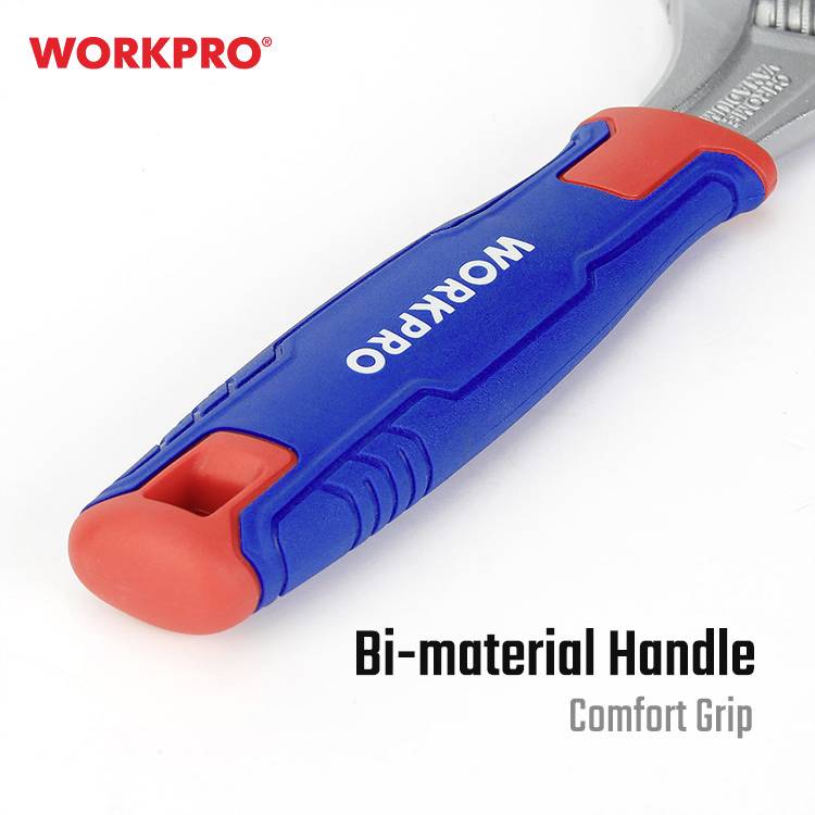'Tool handle with red and blue bi-material for comfortable grip. Brand: WORKPRO. Text: Bi-material Handle, Comfort Grip.'Note: The translation is already very close to British English, with no significant changes needed.