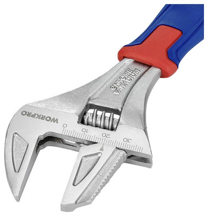Adjustable spanner in silver with blue and red handles, stamped with 'Workpro'.