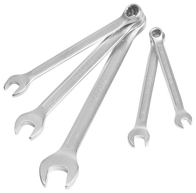 Four different-sized adjustable spanners are laid side by side. They are made of metal and depicted in bright light.