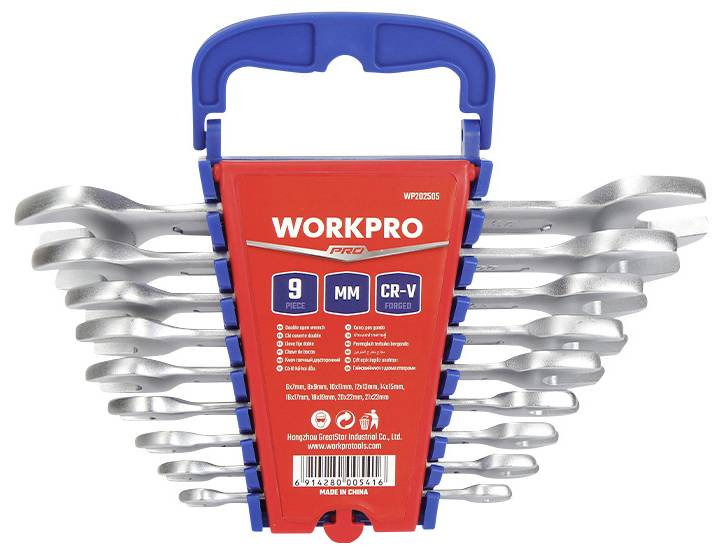 'WORKPRO Pro' 9-piece Combination Spanner Set with sizes from 6 to 14 mm. Includes storage holder.