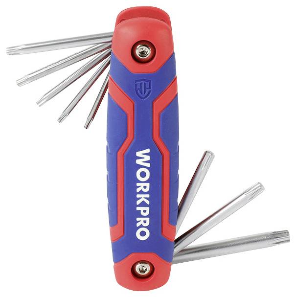 A blue-red multi-tool with several fold-out tool tips, including Torx and hexagonal Allen keys.