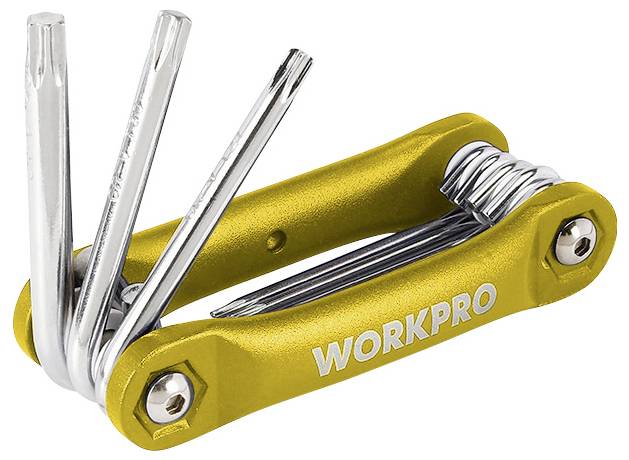 Yellow multi-function tool with several fold-out screwdrivers, 'WORKPRO' brand visible on the side.