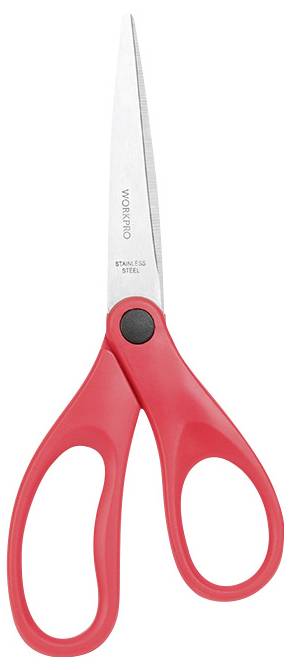 Red scissors with black details, made of stainless steel. Suitable for cutting tasks in the home or office.