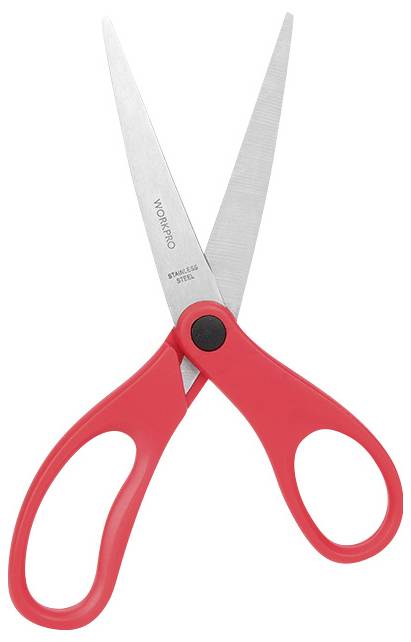 Red scissors with stainless steel blades on a white background.