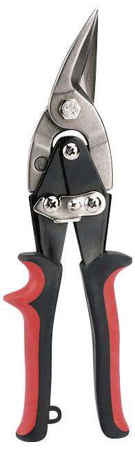 Metal shears with an ergonomic handle and red-black design, suitable for precise metalworking.