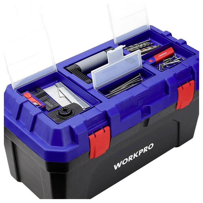 Black toolbox with a blue lid and red fastenings. Contains various tools, sorting compartments visible from the top.