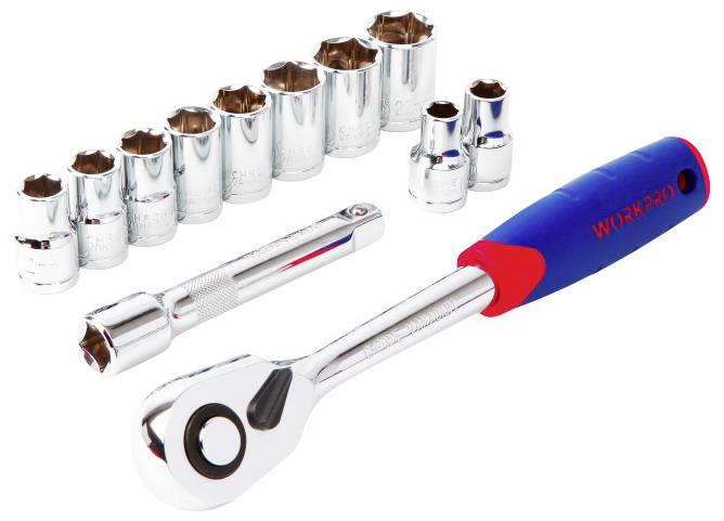 A socket set with ratchet and extension; metallic and shiny, with red and blue handles on the ratchet tool.