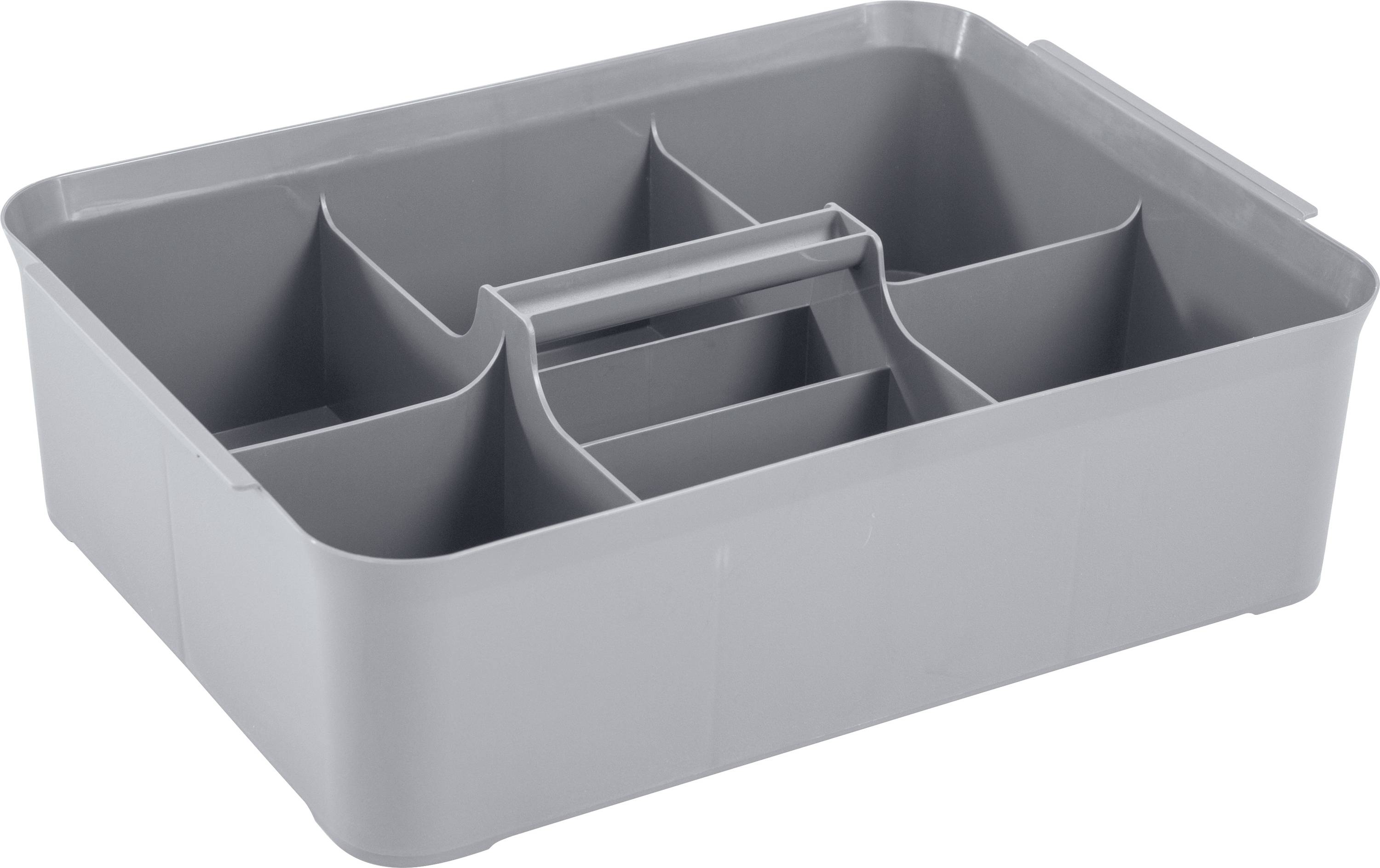 Grey cutlery drawer with seven differently sized compartments for storing cutlery and kitchen utensils.