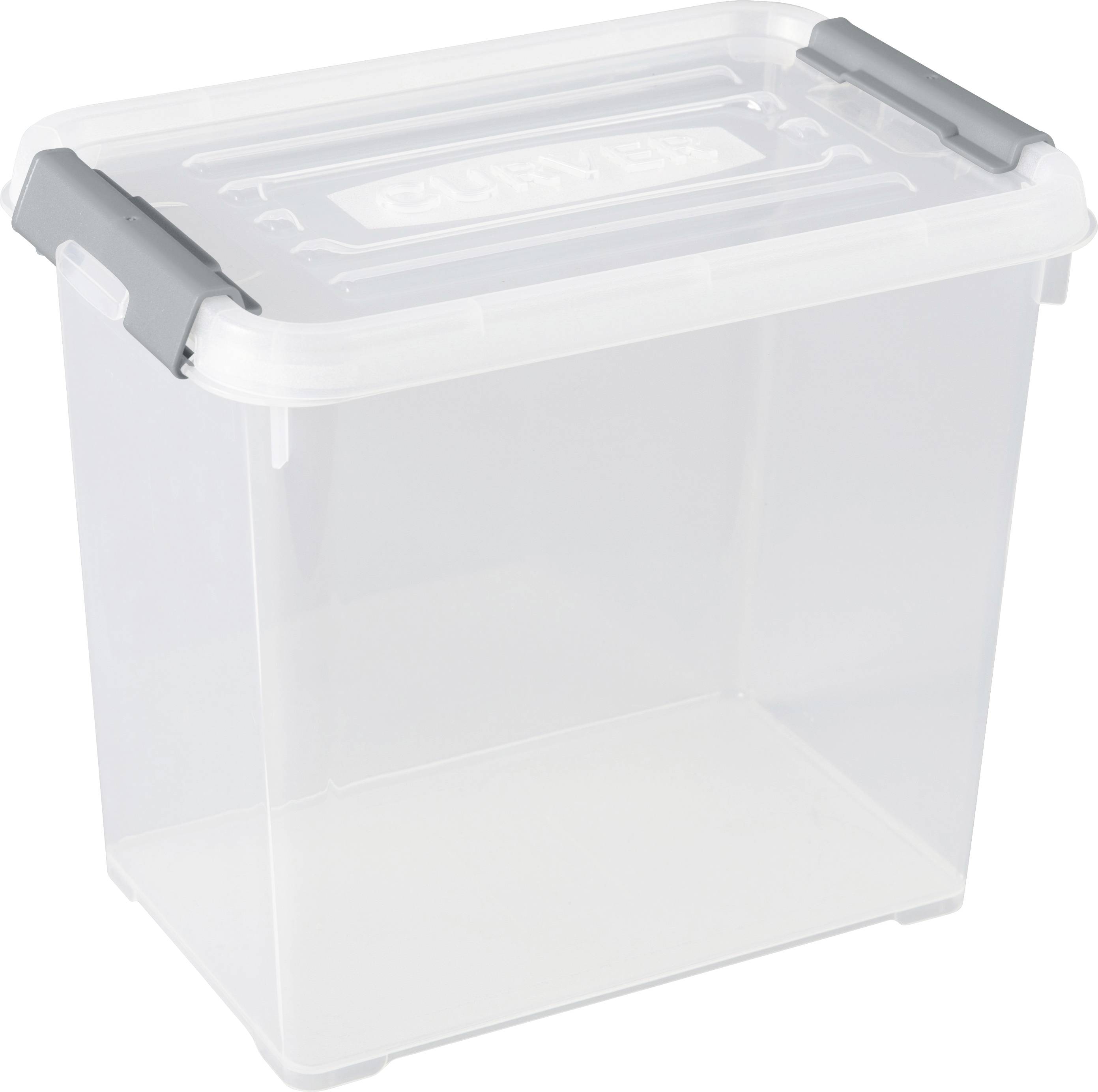 Transparent plastic storage box with grey lids, ideal for storing household items.