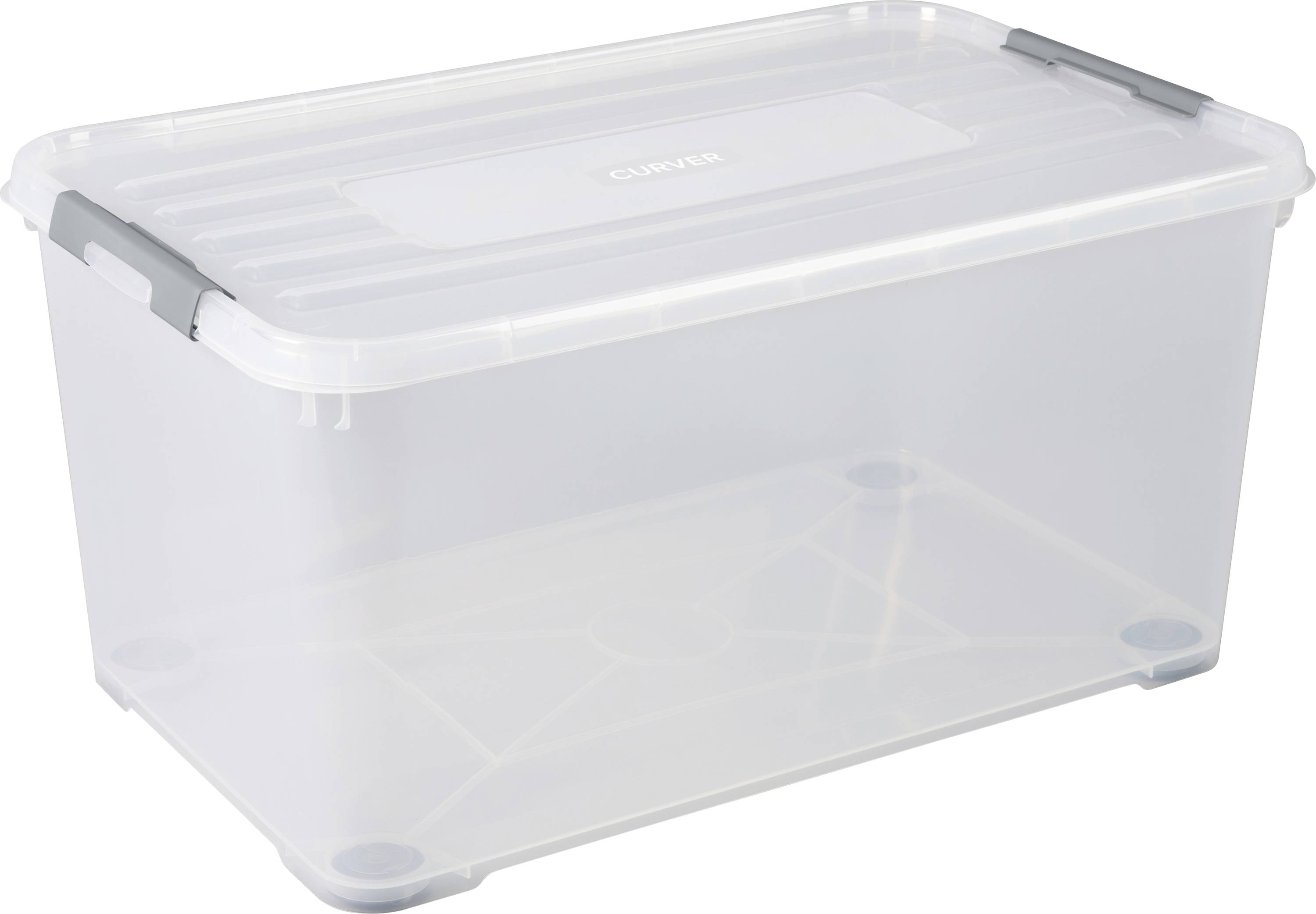 Clear plastic storage box with lid, rectangular in shape, suitable for storing items.