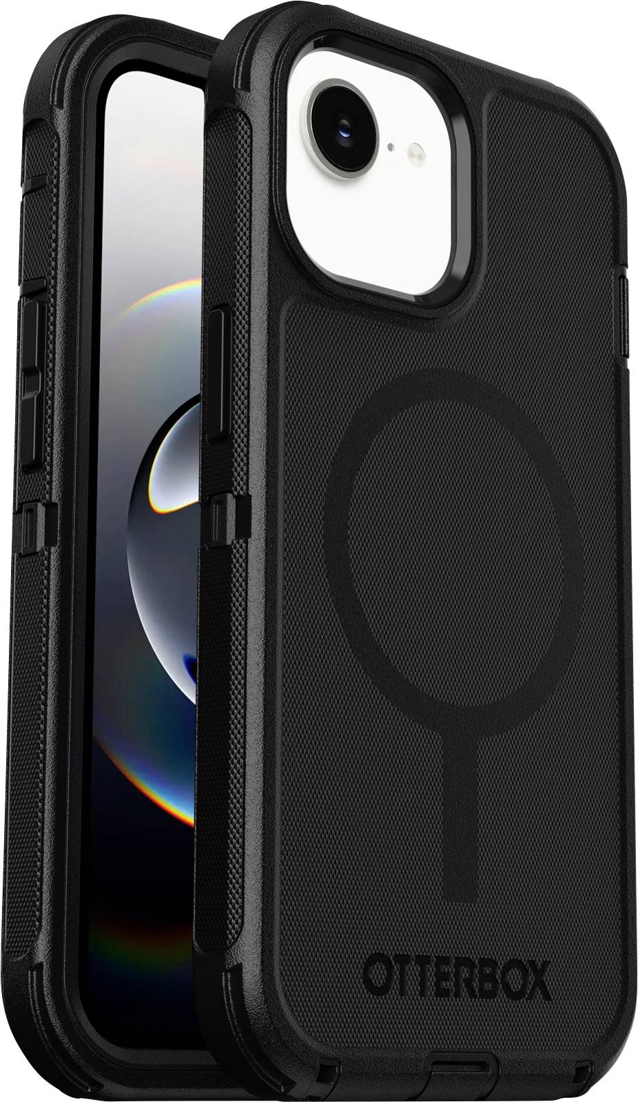 Black OtterBox protective iPhone case shown from front and back, with MagSafe-style circular alignment ring and camera cutout.