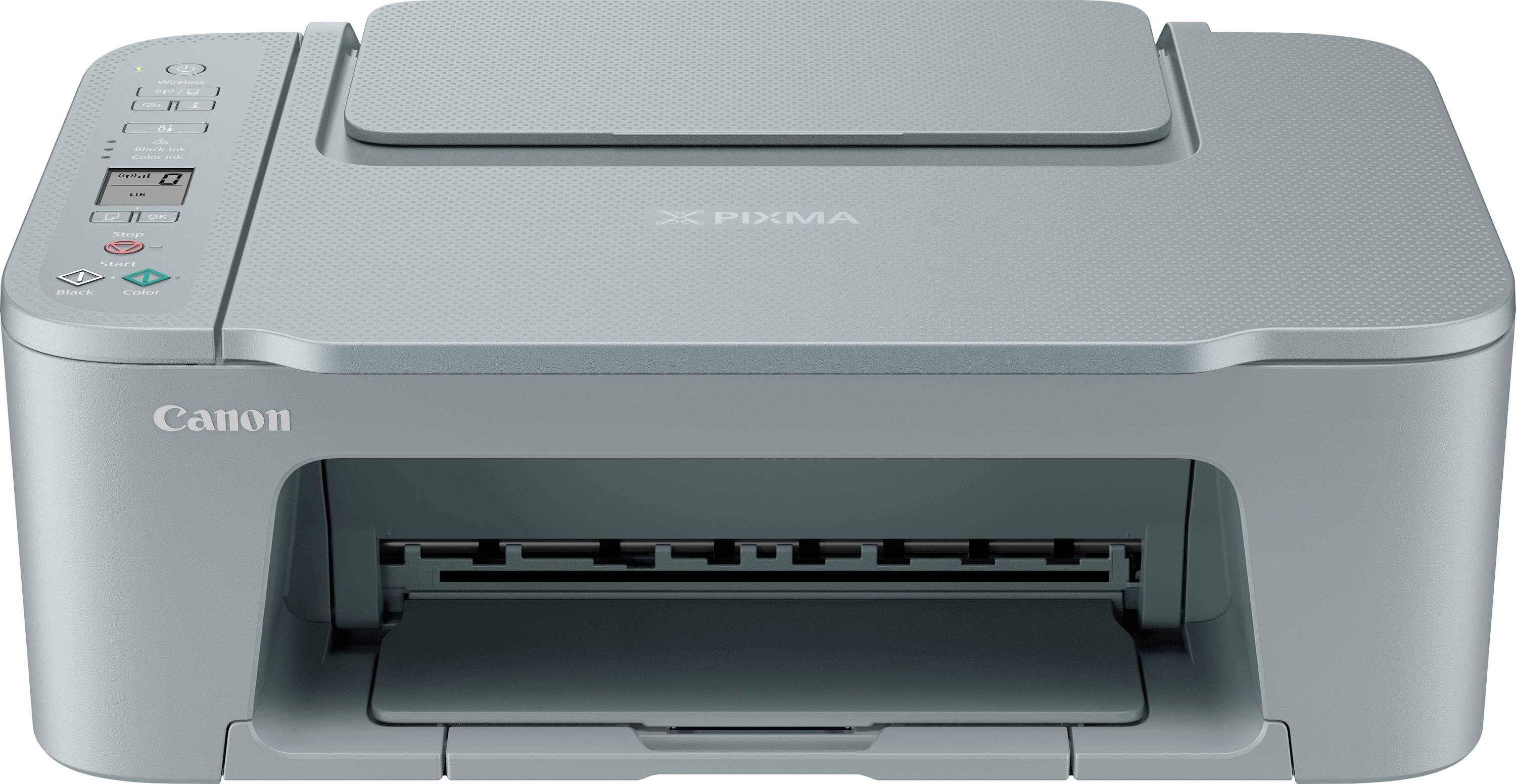 A grey inkjet printer with an open paper tray. Brand name on the front and a control panel with buttons on the top left.