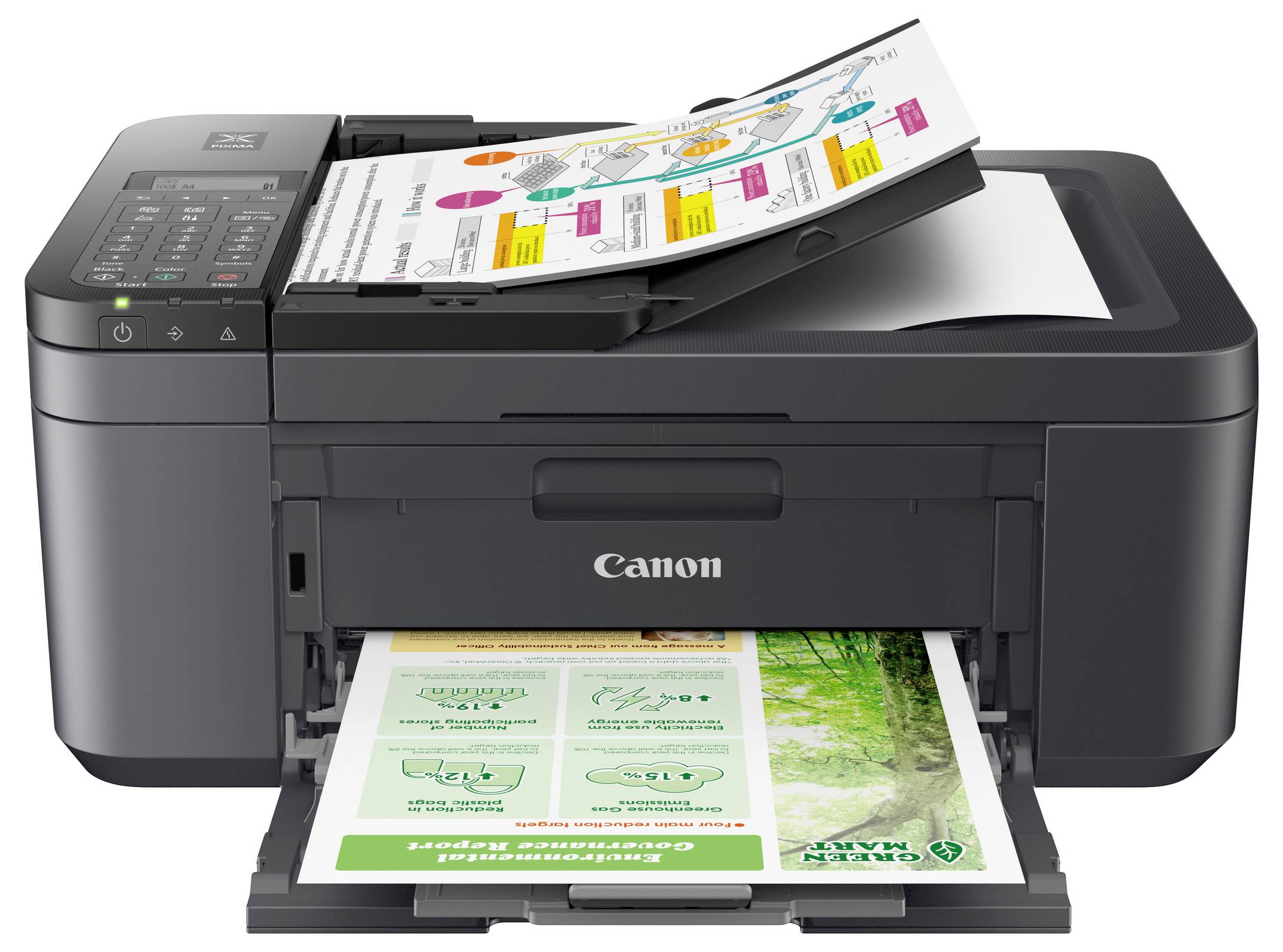 A multifunction printer is printing a coloured document. Additional pages are being fed in from the top of the printer.