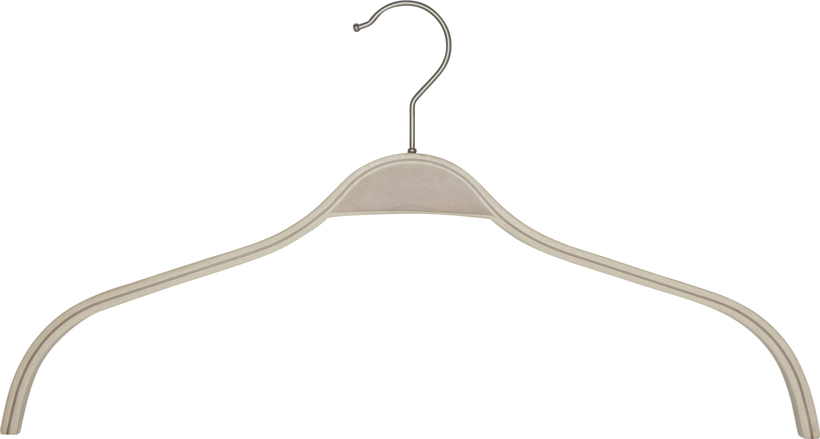 A single wooden coat hanger against a white background; straight design with a metal hook, used for hanging clothing.