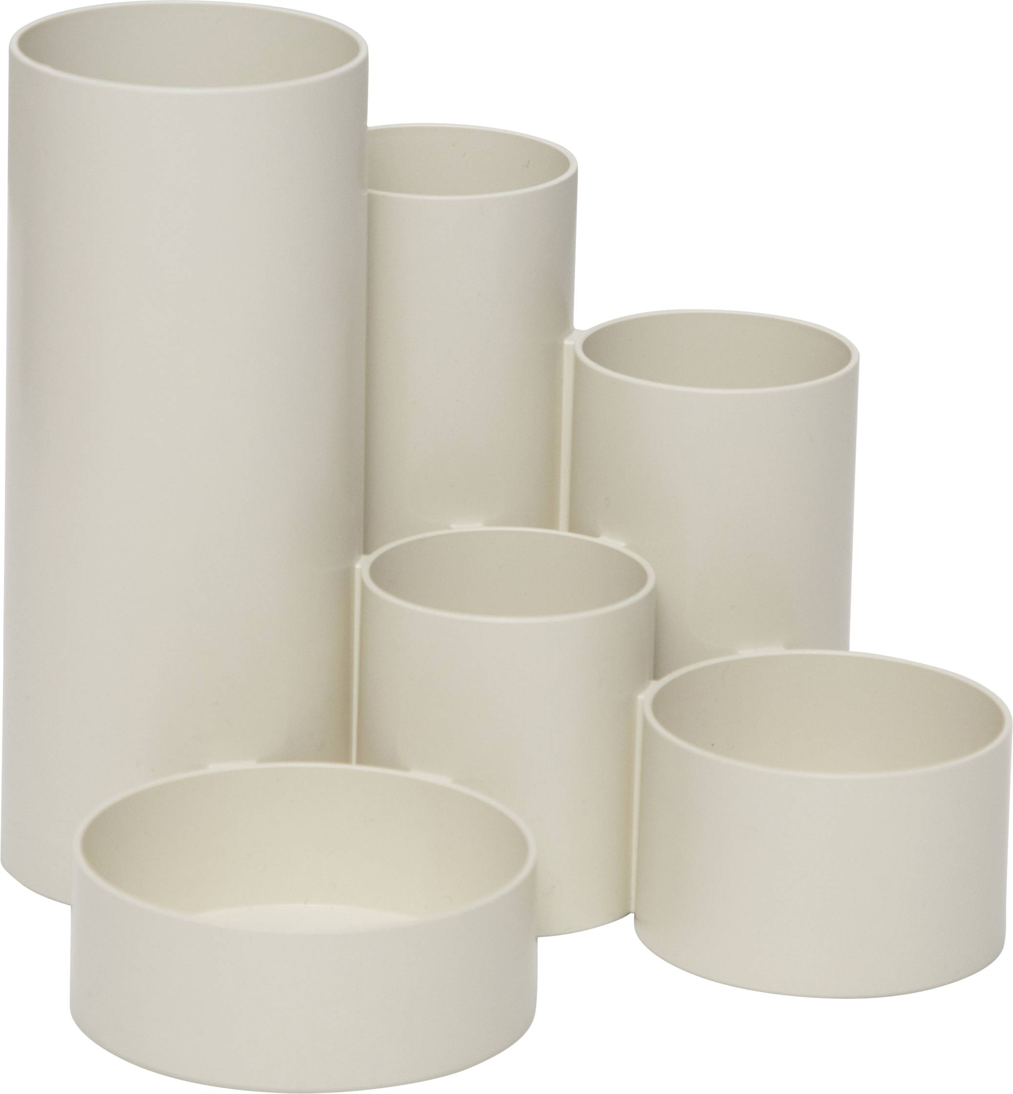 Six plastic cylindrical containers of varying sizes in beige, arranged side by side. Suitable for office or household use.