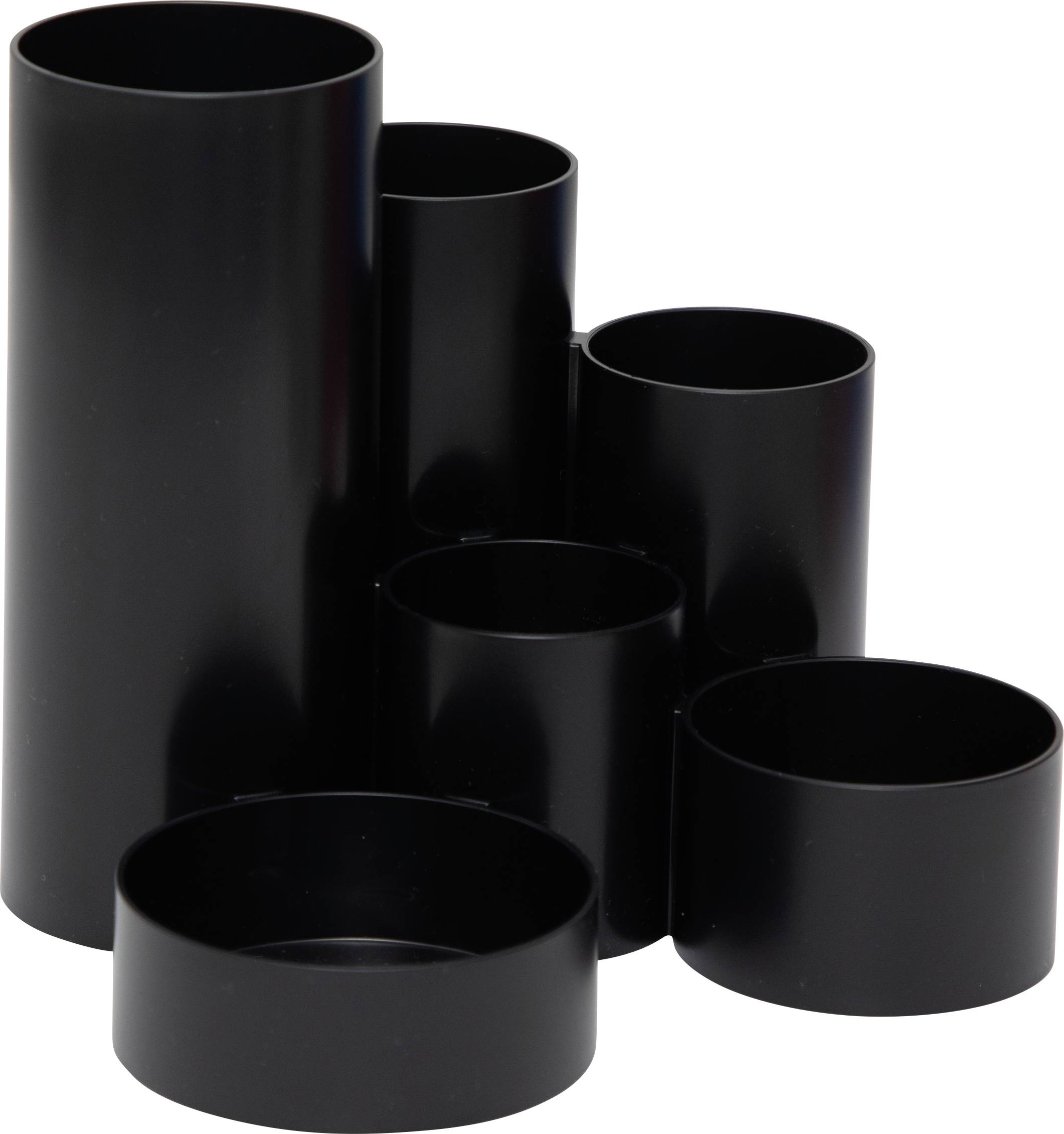 Six black, differently sized cylindrical plastic tubes, standing upright in a grouping.