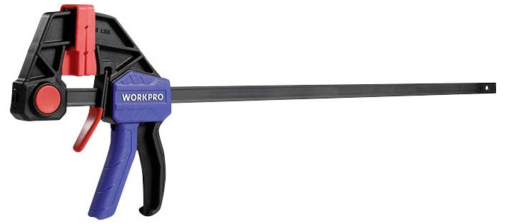 A blue and black quick-release clamp with a red handle, marked with 'WORKPRO', on a white background.