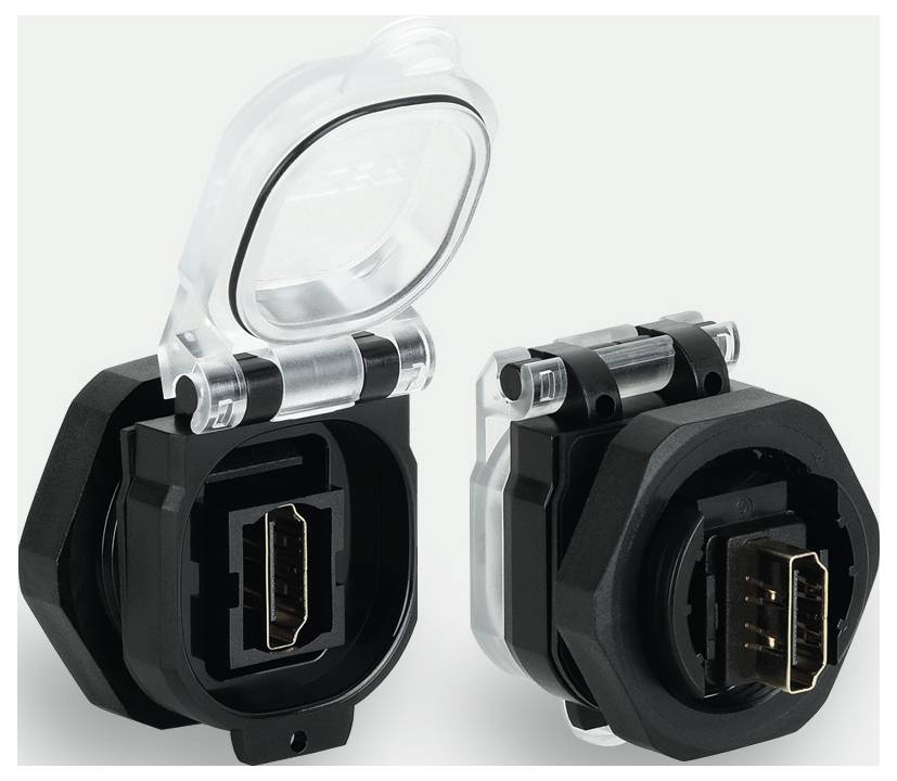 Two black, hexagonal HDMI port sockets with transparent plastic covers, one open and one closed.