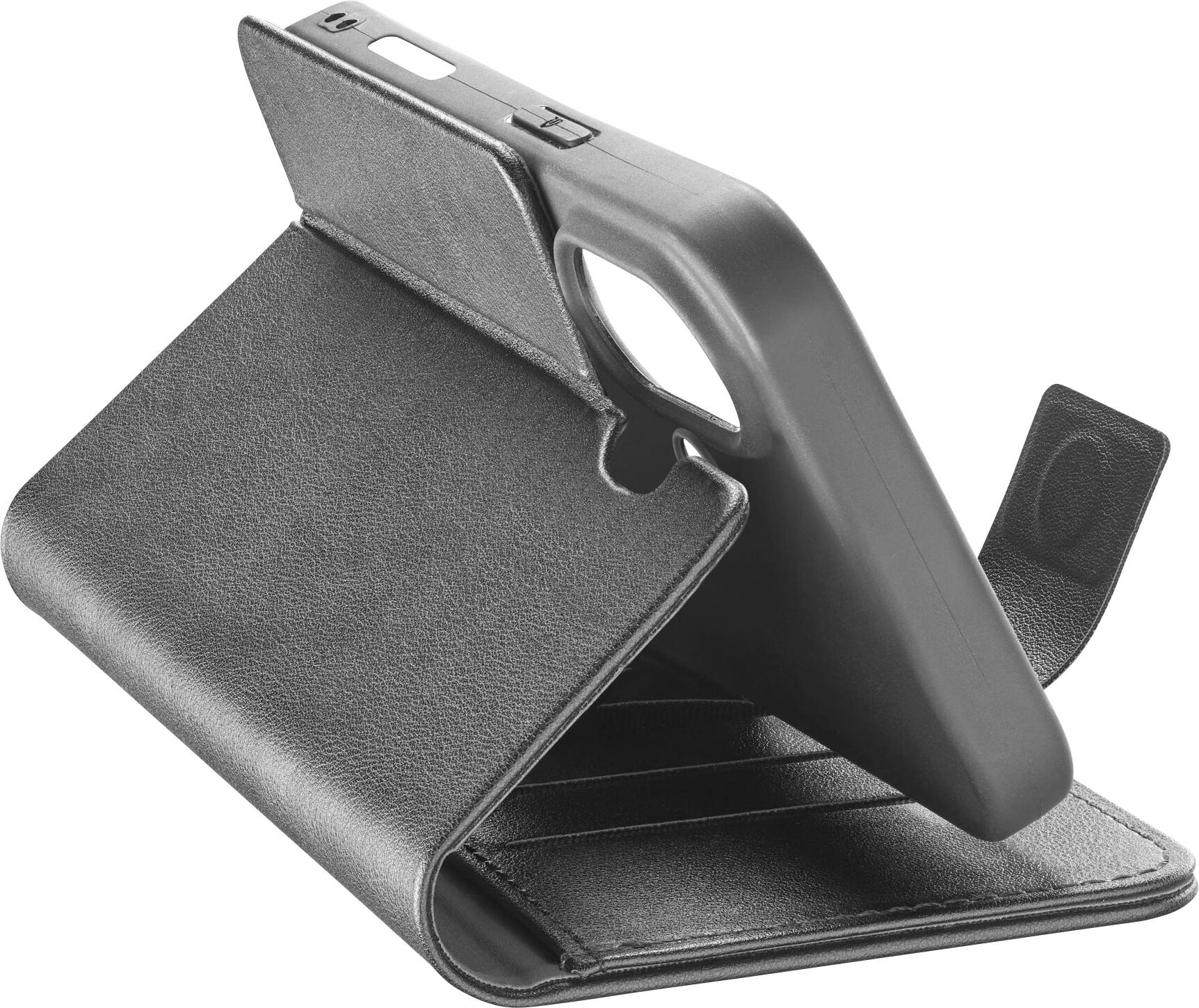 A black leather mobile phone case with stand function and card slots. The case provides protection and functionality for smartphones.
