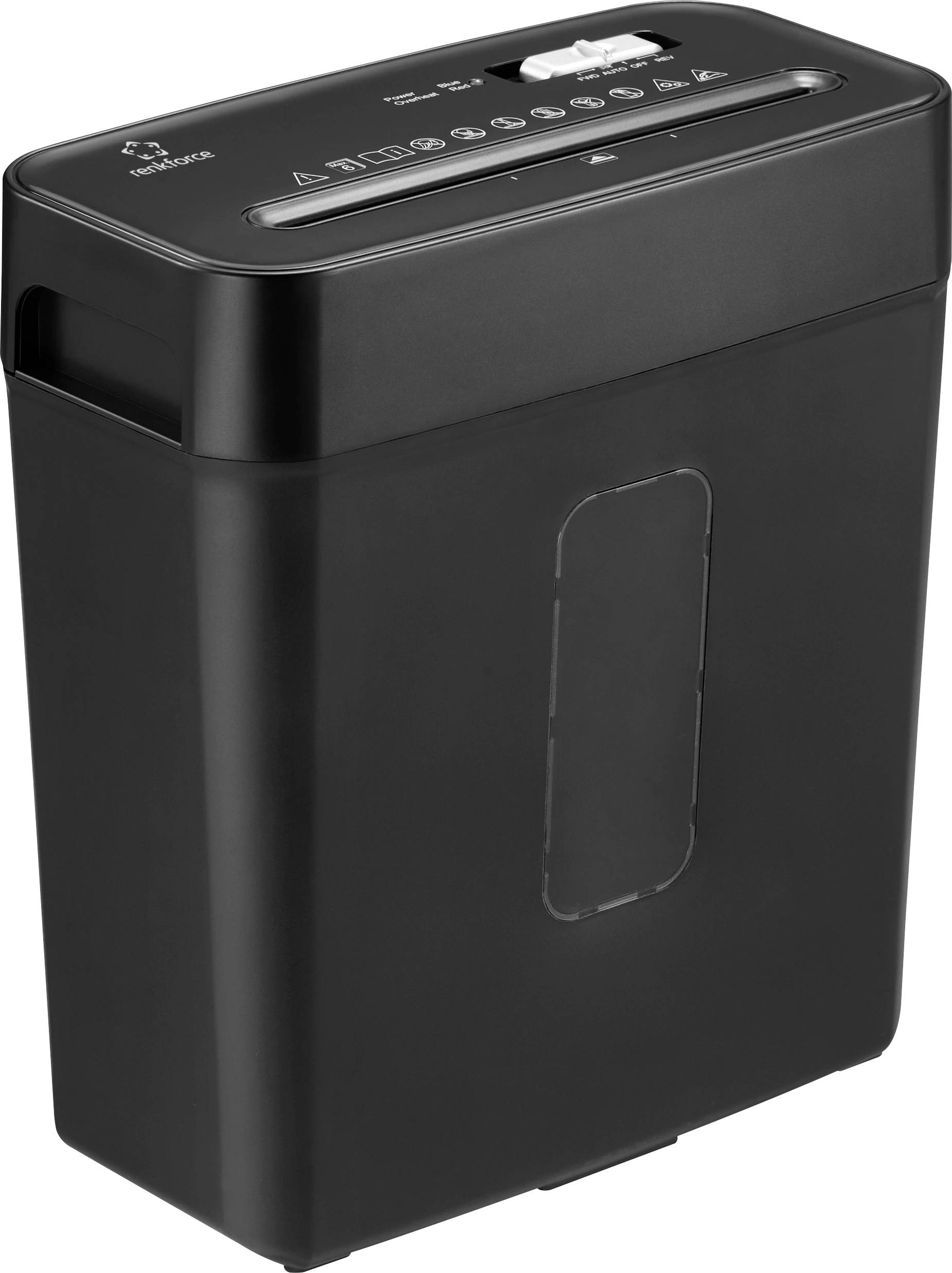 A black paper shredder with a narrow paper feed and a viewing window in the collection bin, suitable for destroying paper documents.