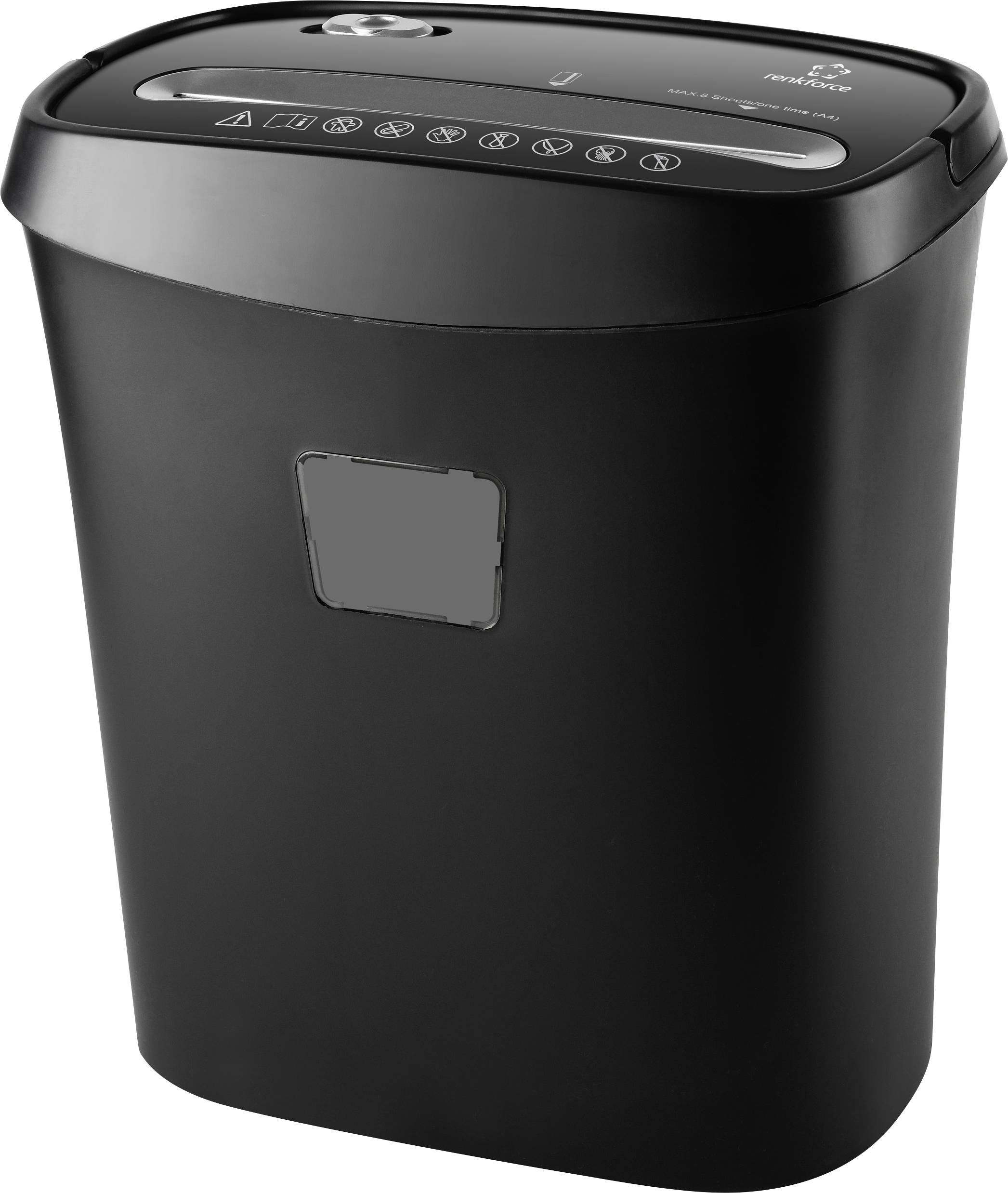 Electric paper shredder with a black casing, control panel on top with symbols and buttons. Suitable for destroying paper documents.