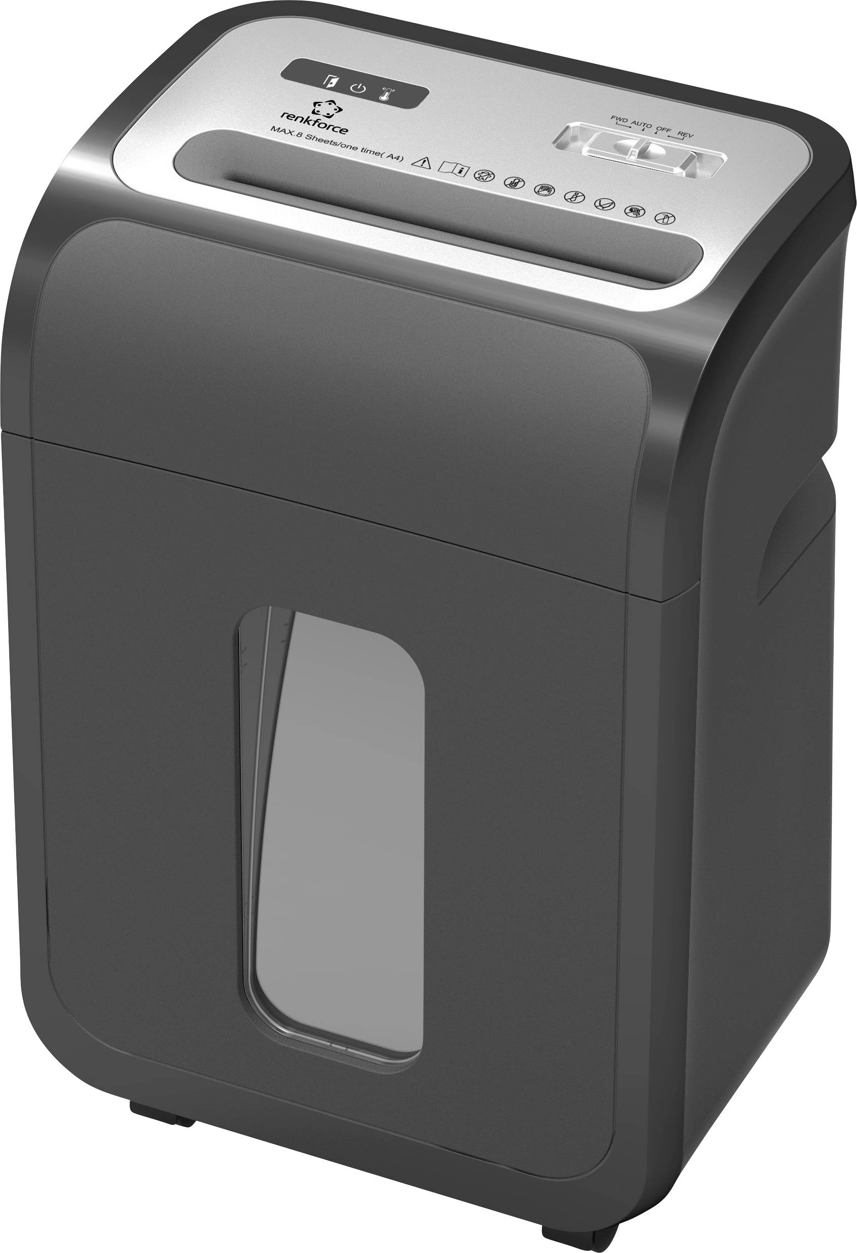 Black paper shredder with a transparent window on the front for monitoring the fill level. The top surface displays symbols and control buttons.