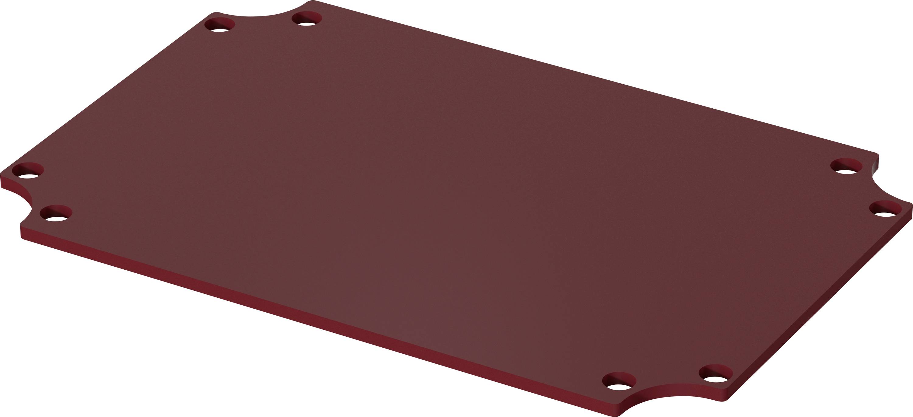 Red flat metal plate with rounded corners and holes at the corners.