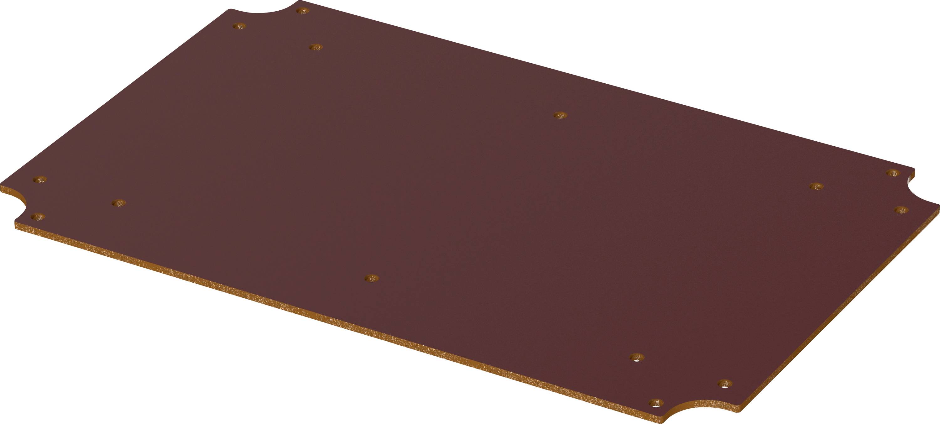 Brown rectangular plate with rounded corners and several small holes.