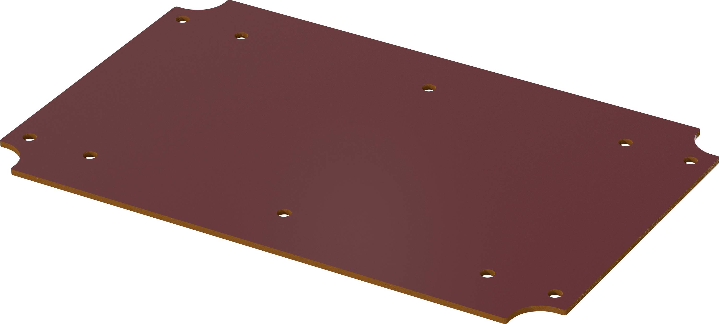 A rectangular, brown plastic panel with seven pre-drilled holes.
