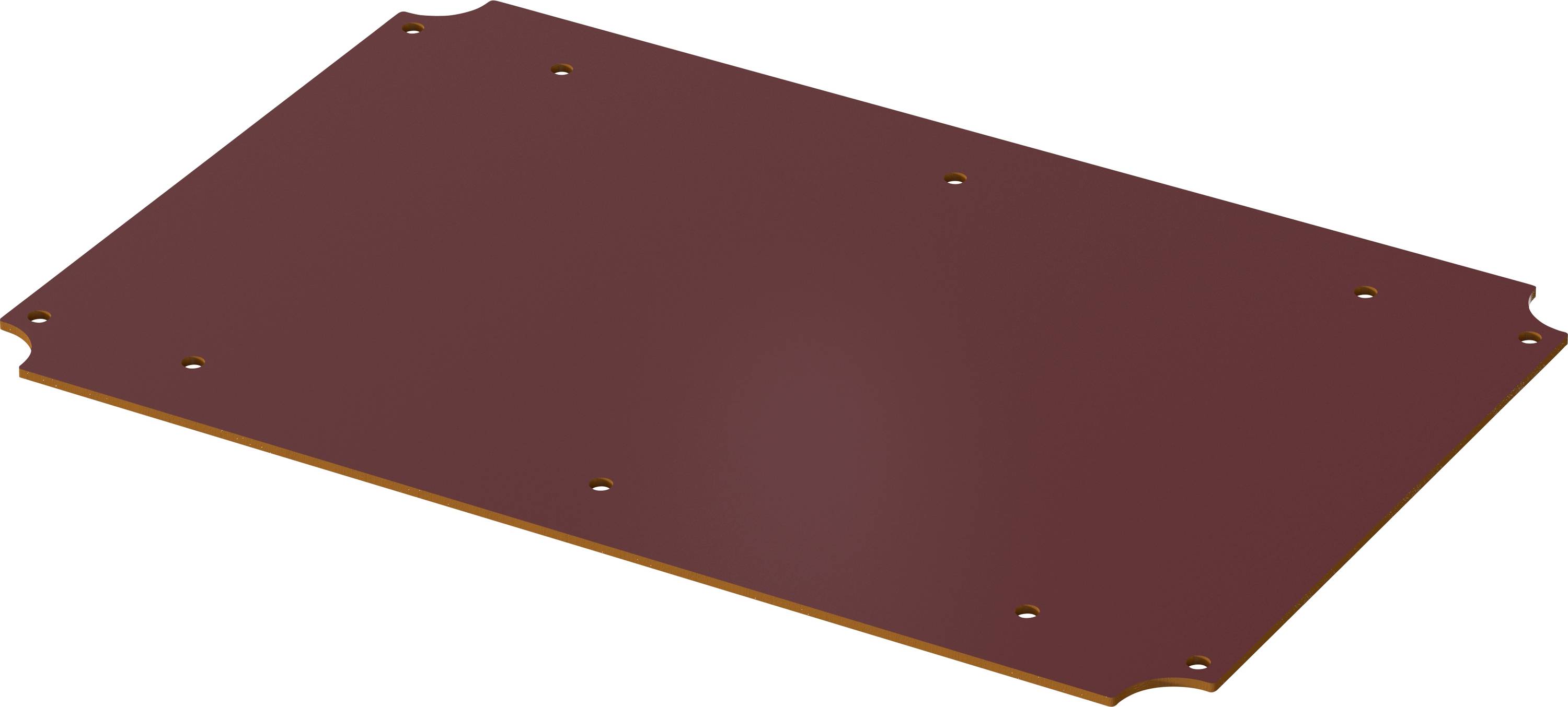 Brown rectangular flat material with slightly rounded corners and holes along the edges, potentially for technical applications.
