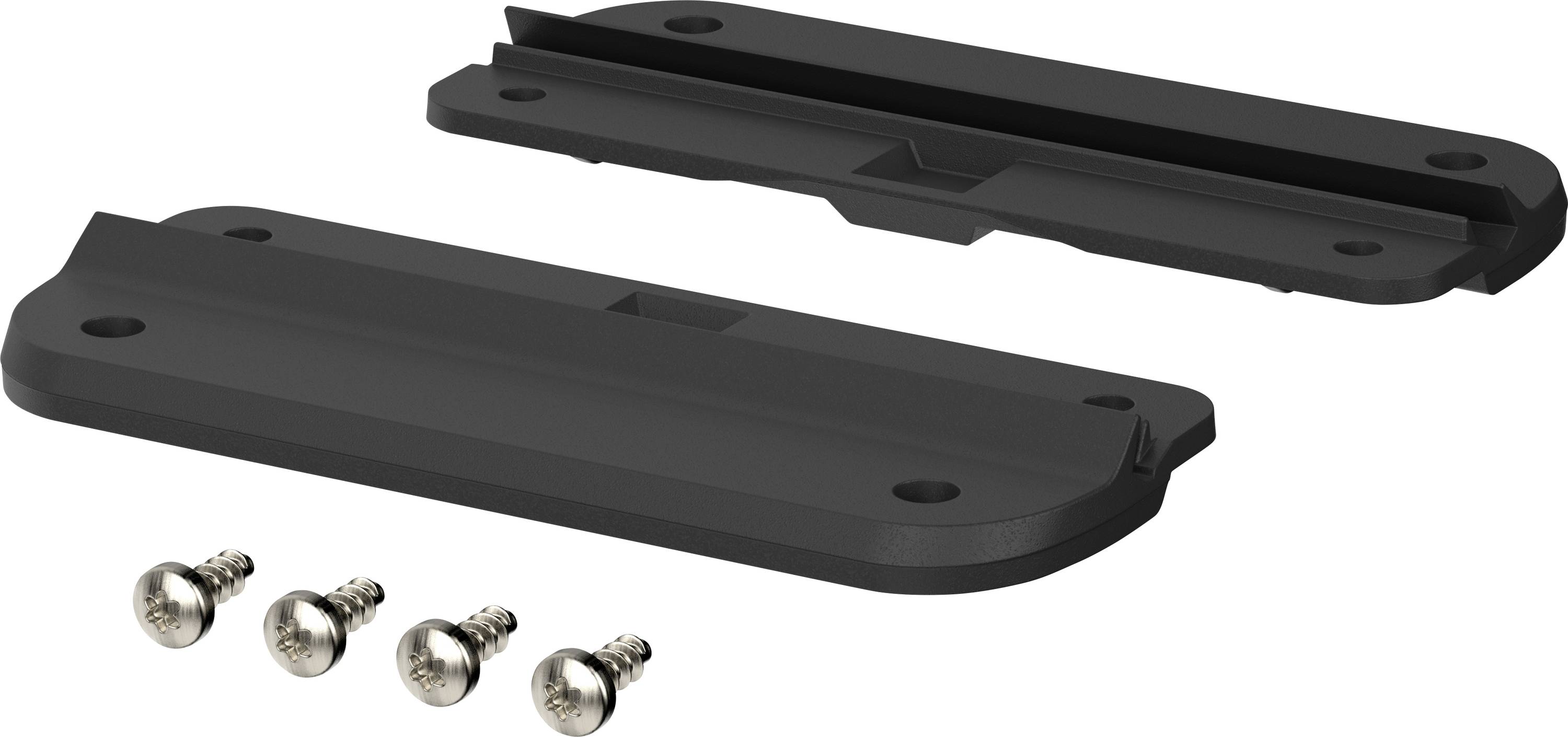 Two black mounting plates with hexagonal recesses and four metal screws are lying on a white surface.
