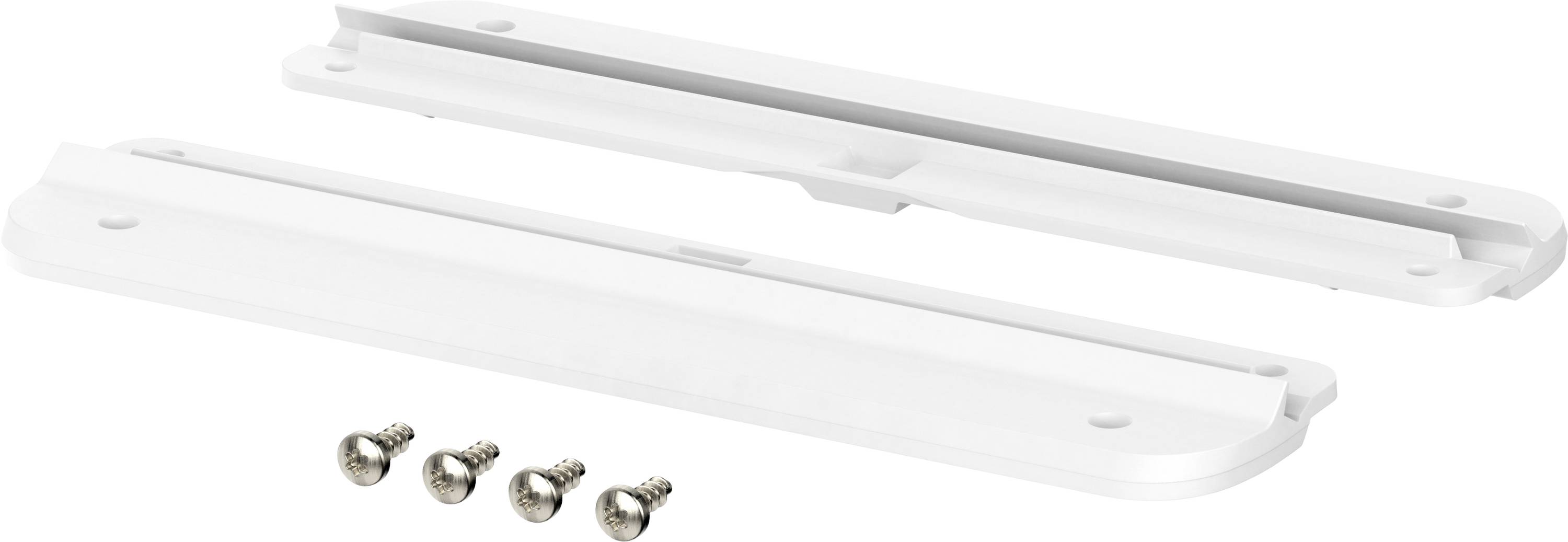 Two white plastic brackets and four silver screws on a white background, likely furniture mounting hardware.