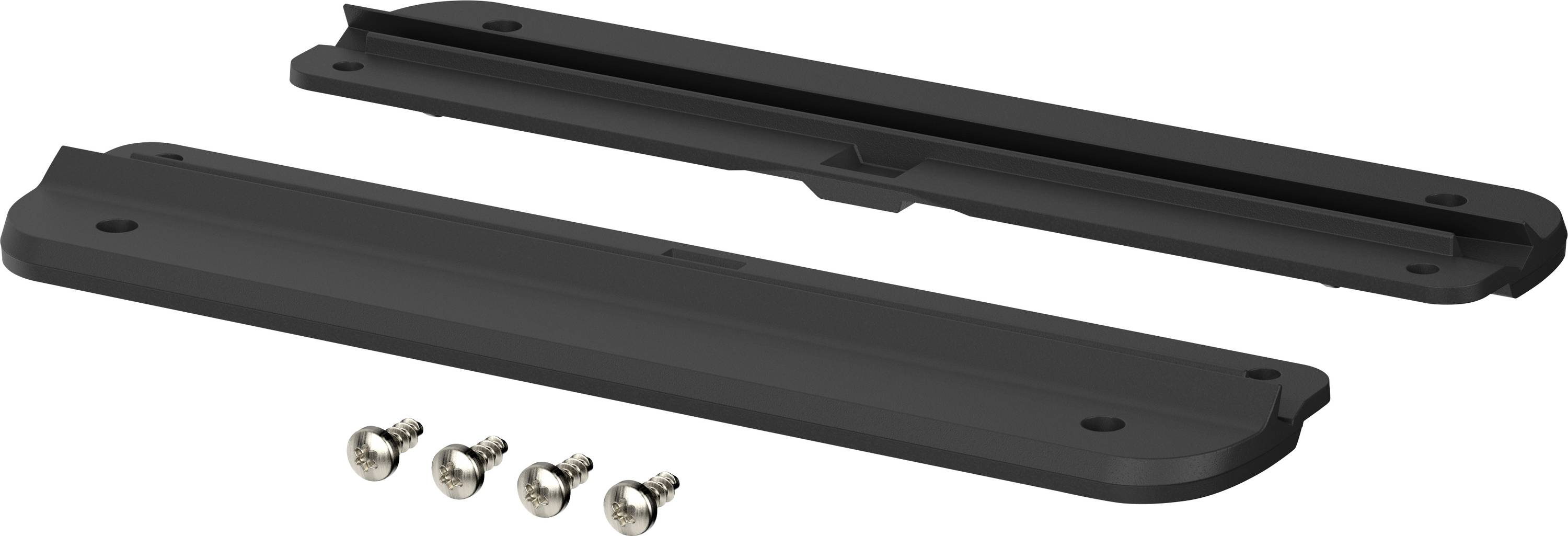 Black mounting plate in two parts with four silver screws for attachment. Suitable for technical or craft accessories.