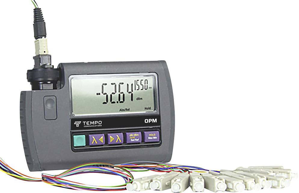 Digital handheld optical power meter, displaying '-52.6' and '11550 nm'. With cables and connectors.