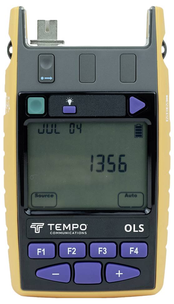 An optical power metre (OLS) with a digital display shows 'JUL 04' and '1356'. Device by Tempo Communications.
