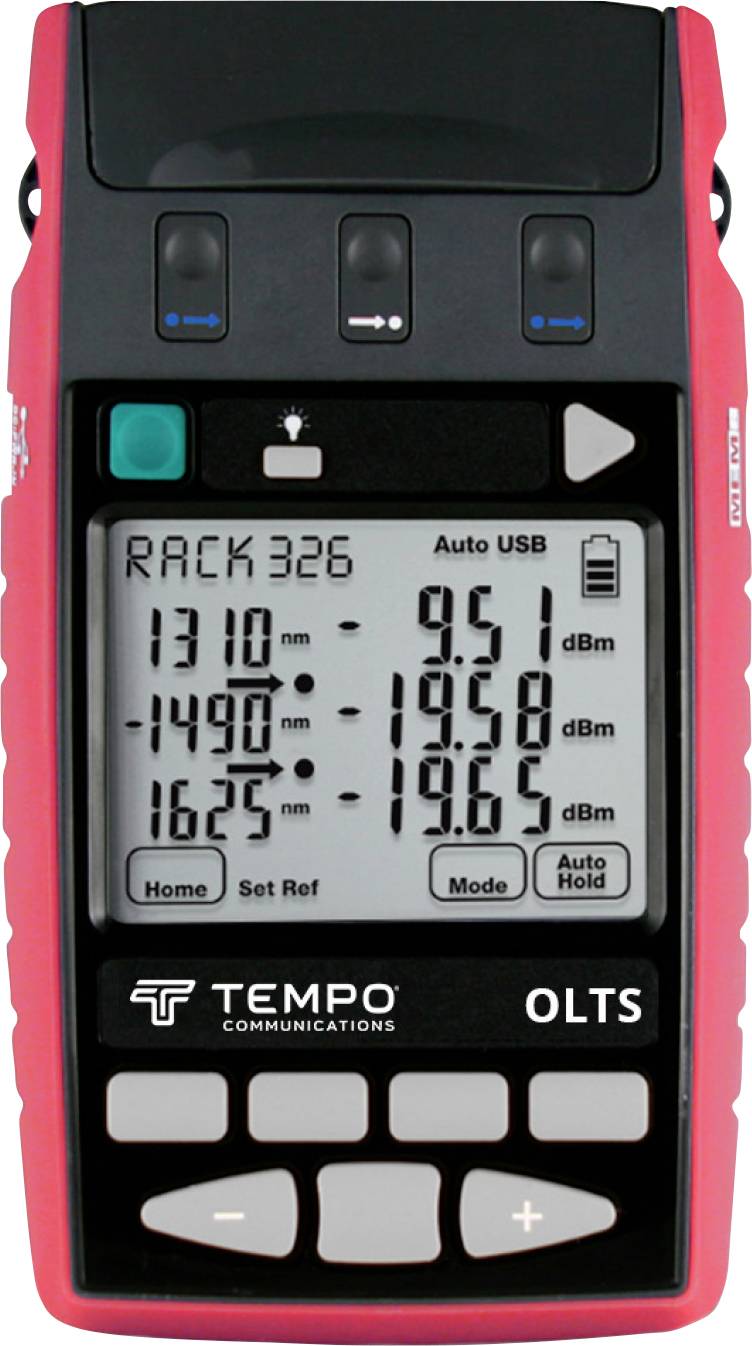 A red device with a display shows optical power values in dBm. Values for 1310, 1490, and 1625 nm are visible on the left. Operation buttons are located at the bottom.