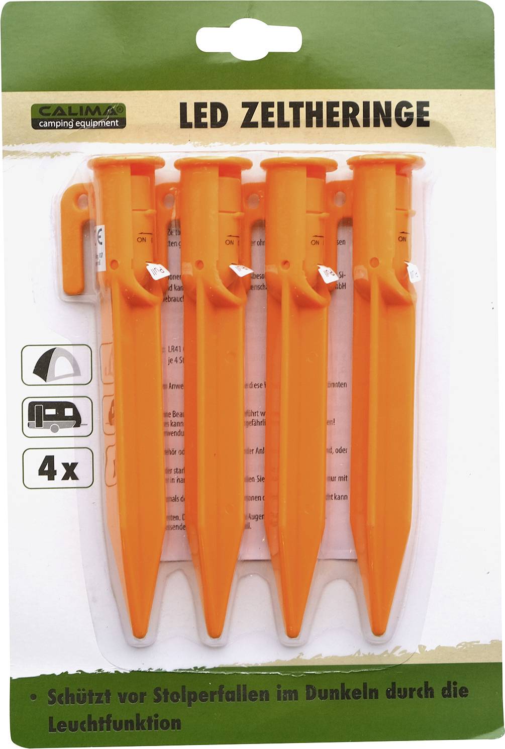Four orange LED tent pegs on packaging with the inscription 'Protects against tripping hazards in the dark through illumination'.