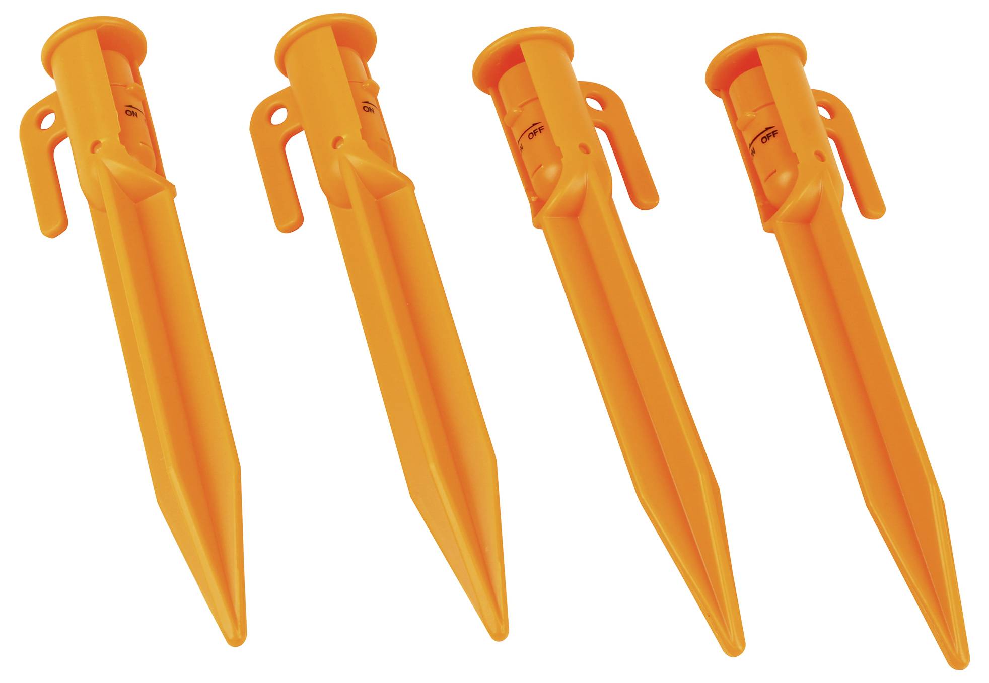 Four orange plastic ground anchoring pegs in a symmetrical configuration.