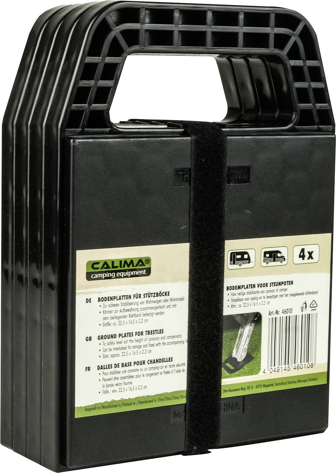 Four black ground plates with handles, for support blocks by Calima Camping Equipment. Packaged with label in multiple languages.