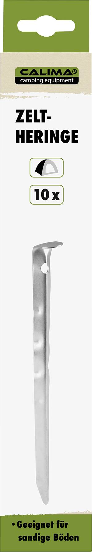 Packaging with a tent peg illustrated. Text: 'CALIMAS Outdoor Equipment', 'Tent Pegs', '10x', 'Suitable for Sandy Ground'