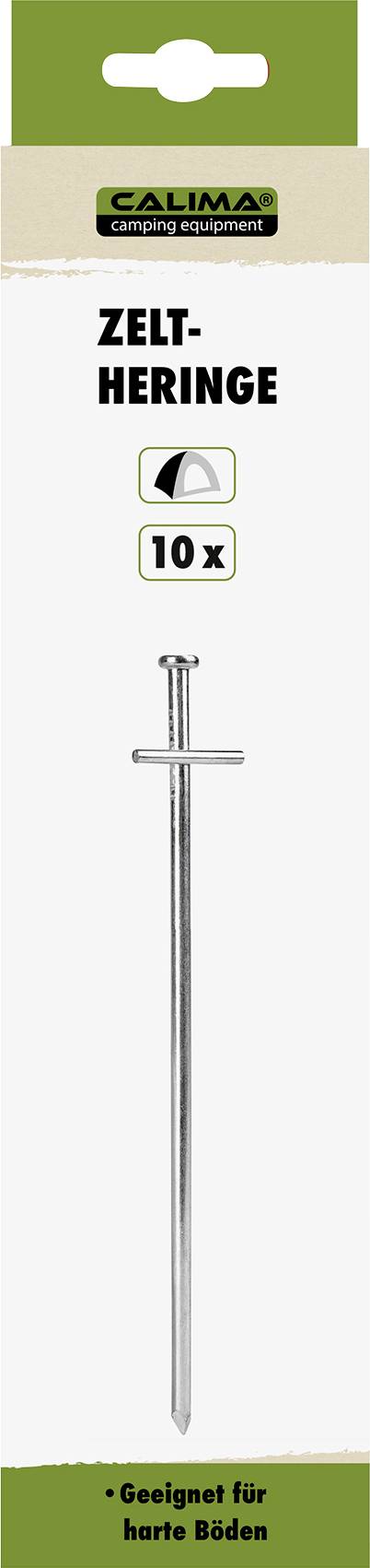 Pack of 10 robust tent pegs for hard ground, on packaging with green 'Calima Camping Equipment' logo.