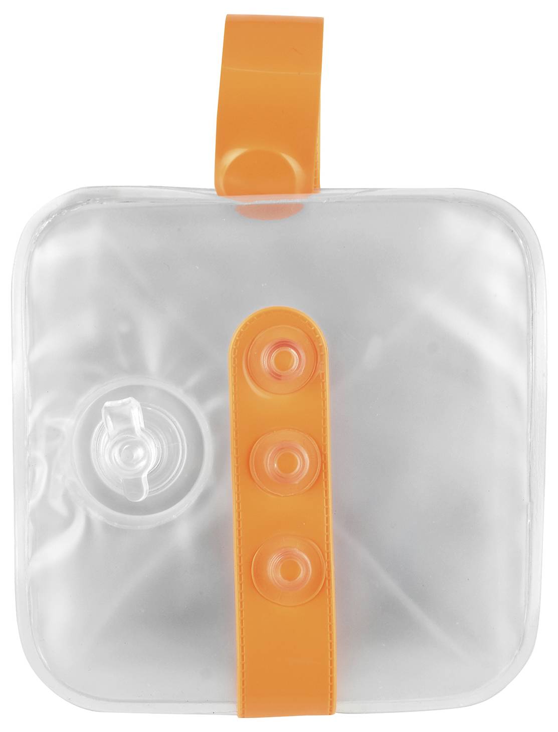 Transparente Wasserkaraffe mit orangefarbenem Griff und Ventildeckel. Geeignet für Outdoor-Aktivitäten und einfach zu tragen.