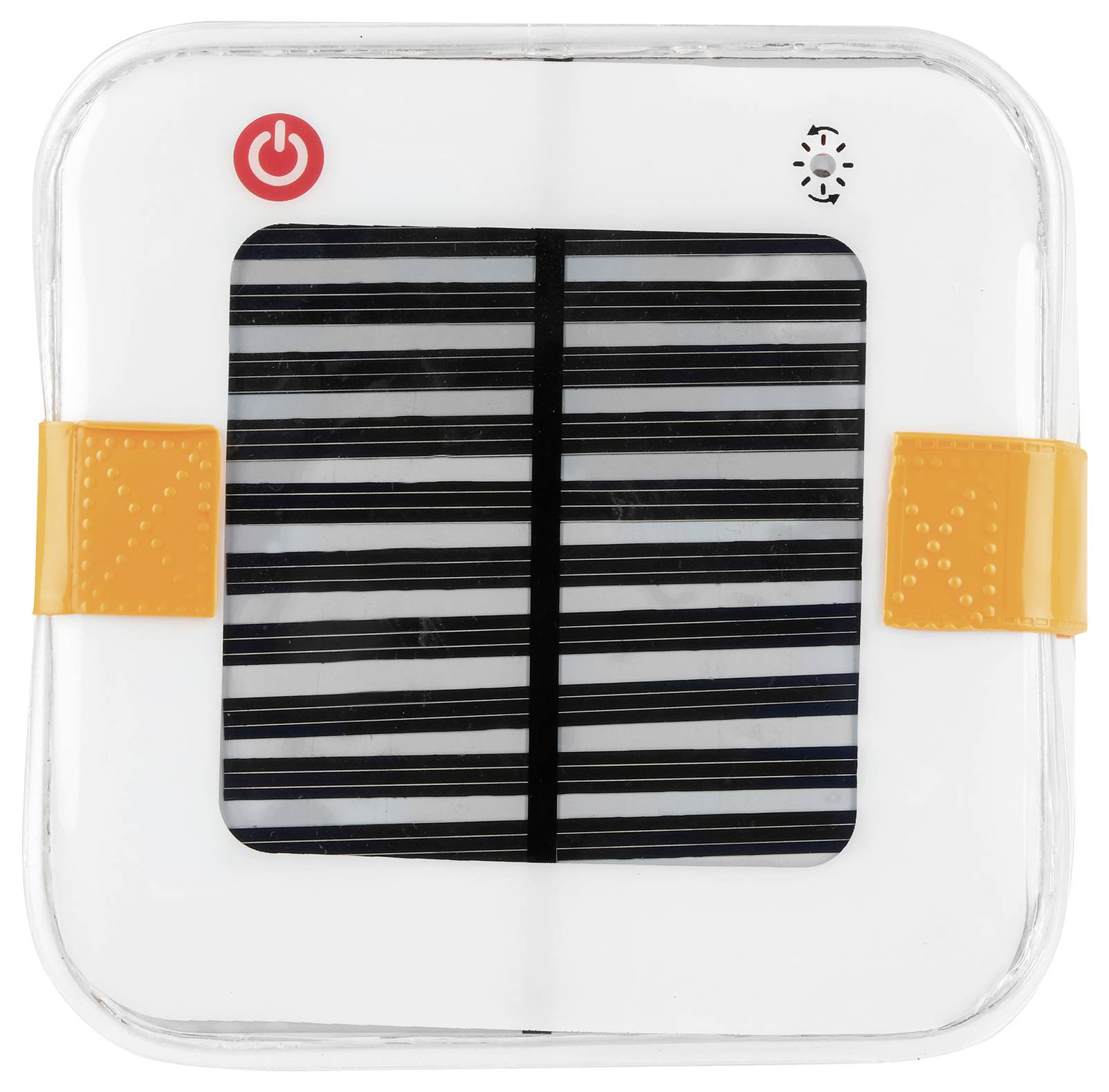 A small, square solar charger with orange straps and red and black markings.