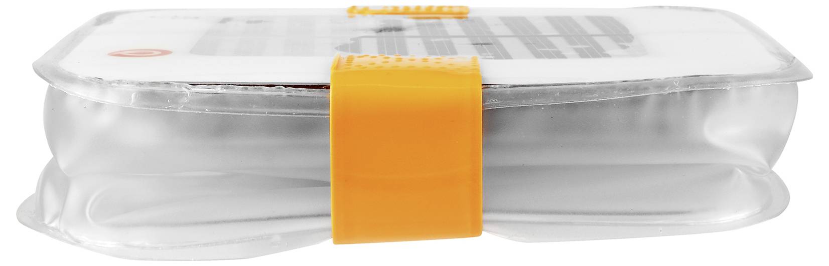 A square, transparent water bag with an orange handle and closure.